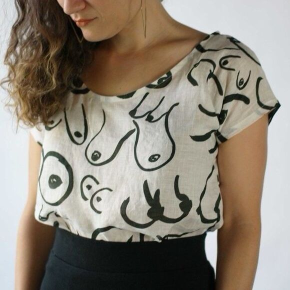 Gravel & Gold Tops - Gravel & Gold White/ Green Linen Boobs Print Taurus Top Size Small